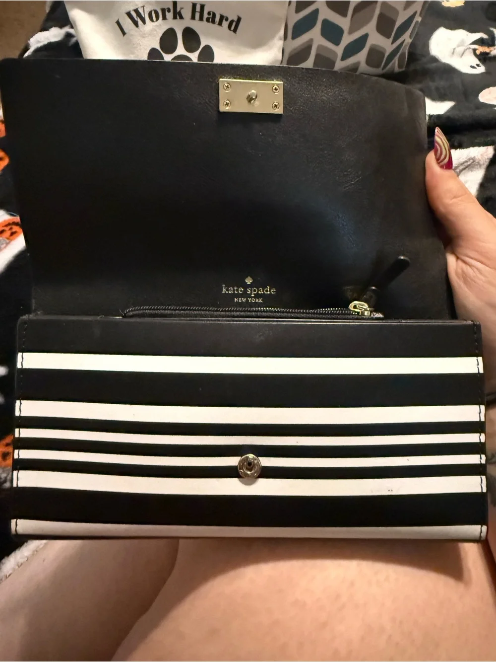 kate spade Black and White Striped Clutch with Logo Plaque